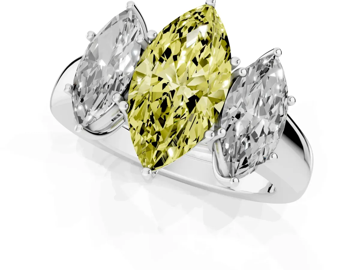 Fancy Yellow Three-Stone Marquise Cut Cut Diamond Ring with Prong Setting and Classic Band Silver