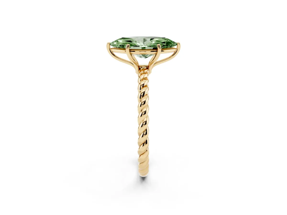 Fancy Green Marquise Cut Solitaire Twist Band Ring with Four-Prong Setting Yellow gold