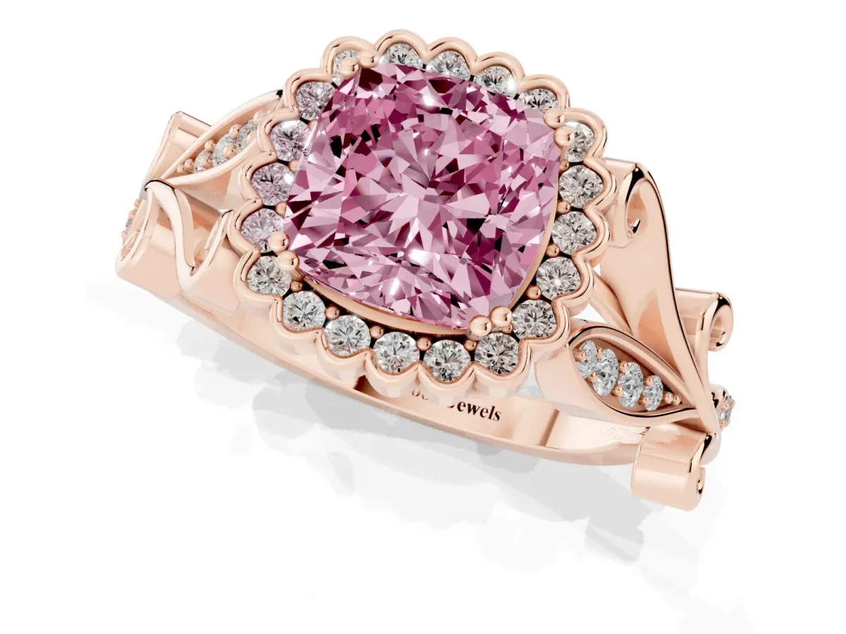Fancy Pink Cushion Cut Diamond Halo Ring with Vintage Split Shank and Four-Prong Setting Rose gold