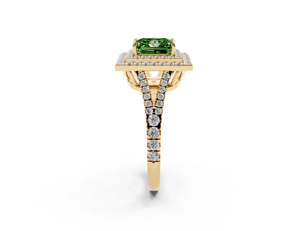 Fancy Green Princess Cut Diamond Double Halo Ring with Pavé Band and Prong Setting Yellow gold