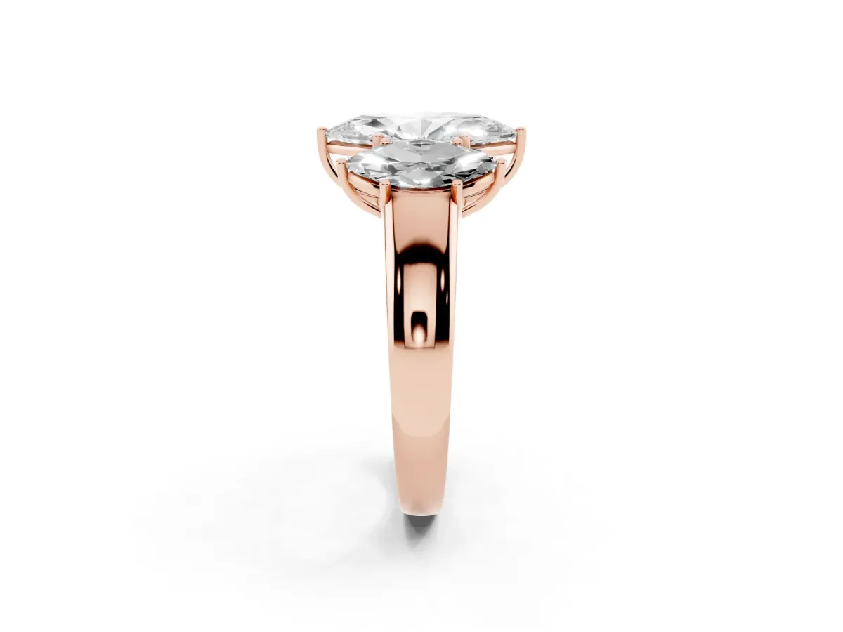 Three-Stone Marquise Cut Cut Diamond Ring with Prong Setting and Classic Band Rose gold