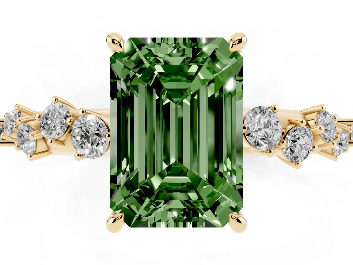 Fancy Green Emerald Cut Diamond Cluster Side Stone Solitaire Ring with Prong Setting Yellow gold