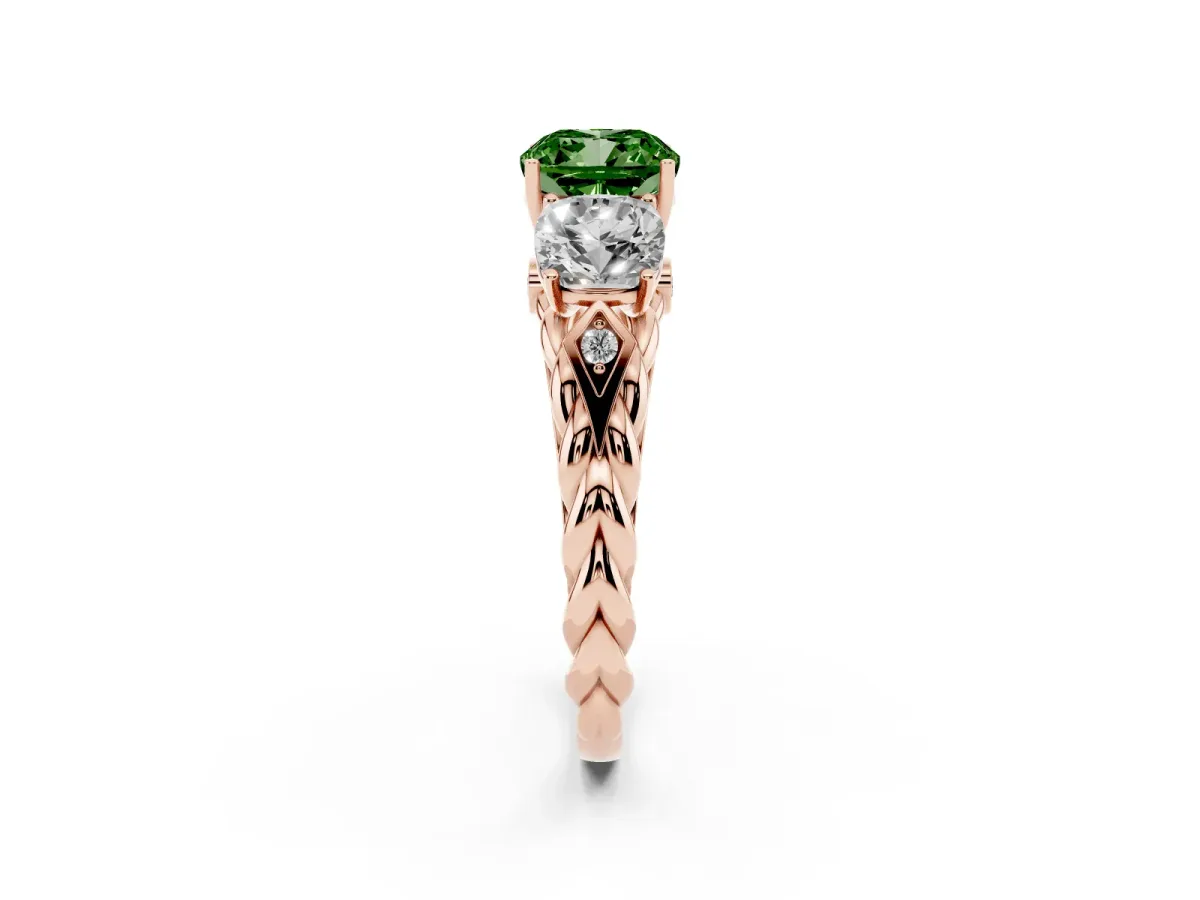 Fancy Green Three-Stone Cushion Cut Diamond Braided Band Ring with Four-Prong Setting Rose gold