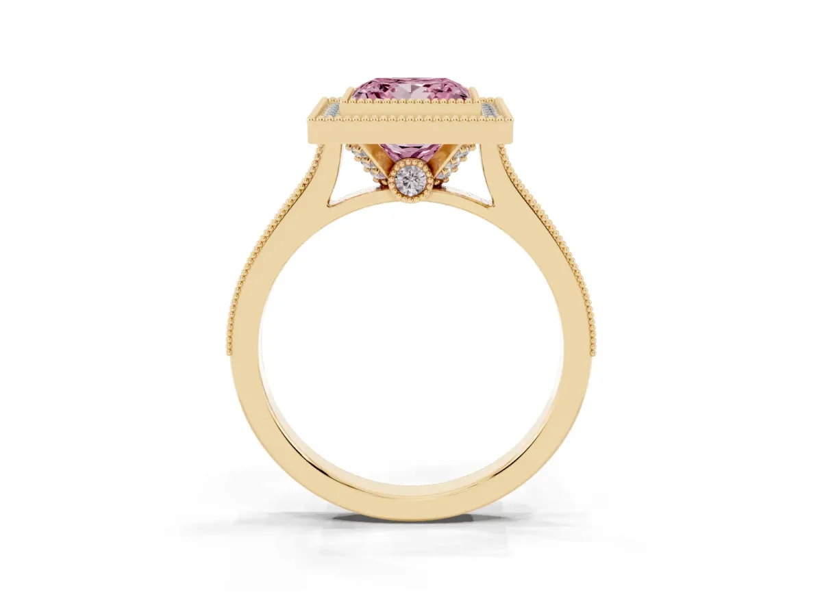 Fancy Pink Halo Princess Cut-Cut Diamond Pave Band Milgrain Prong Setting Ring Yellow gold