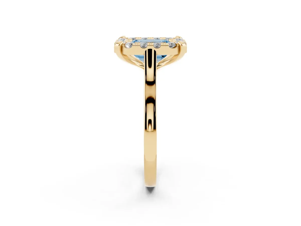 Fancy Blue Emerald Cut Diamond Cluster Halo Solitaire with Four-Prong Setting Yellow gold