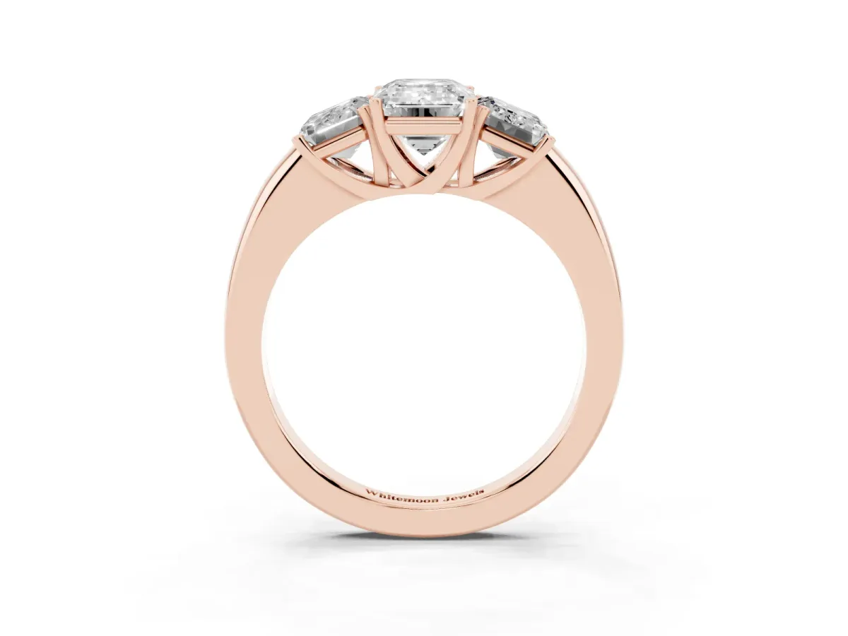 Emerald Cut Diamond Three-Stone Ring with Four-Prong Setting and Classic Band Rose gold