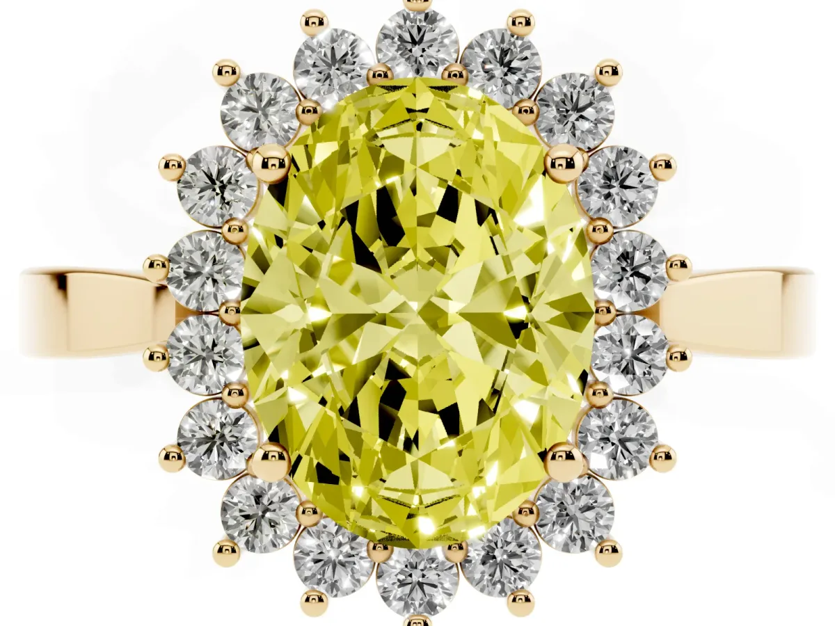 Fancy Yellow Oval Cut Cut Diamond Halo Ring with Round Brilliant Halo and Solitaire Band Yellow gold