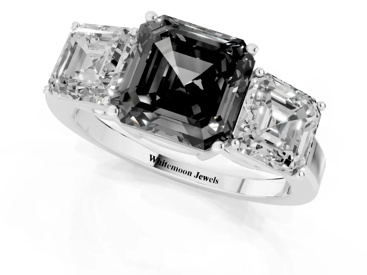 Fancy Black Three-Stone Asscher Cut Cut Diamond Engagement Ring with Flat Band and Four-Prong Setting Silver