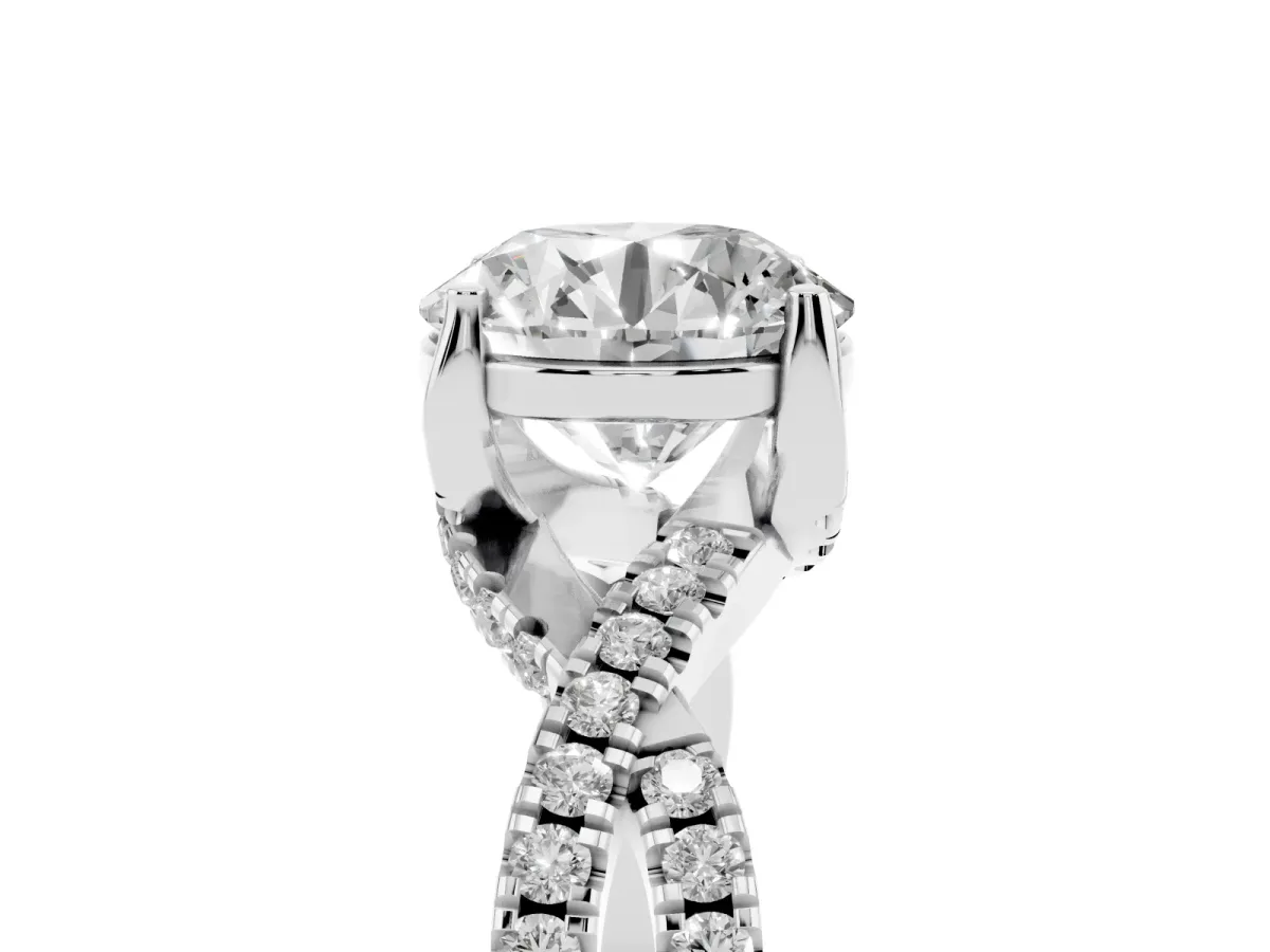 Round Cut Solitaire Twist Pave Diamond Engagement Ring with Prong Setting Silver