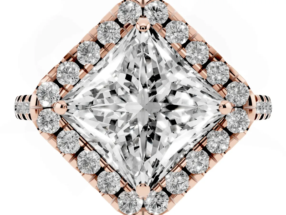 Princess Cut Diamond Cushion Halo Ring with Pavé Band Rose gold