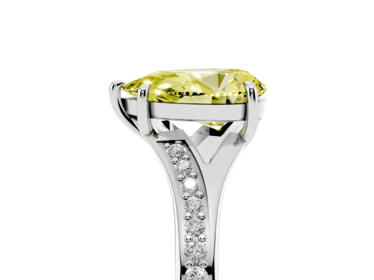 Fancy Yellow Pear Cut Diamond Solitaire Ring with Pavé Band and Prong Setting Silver