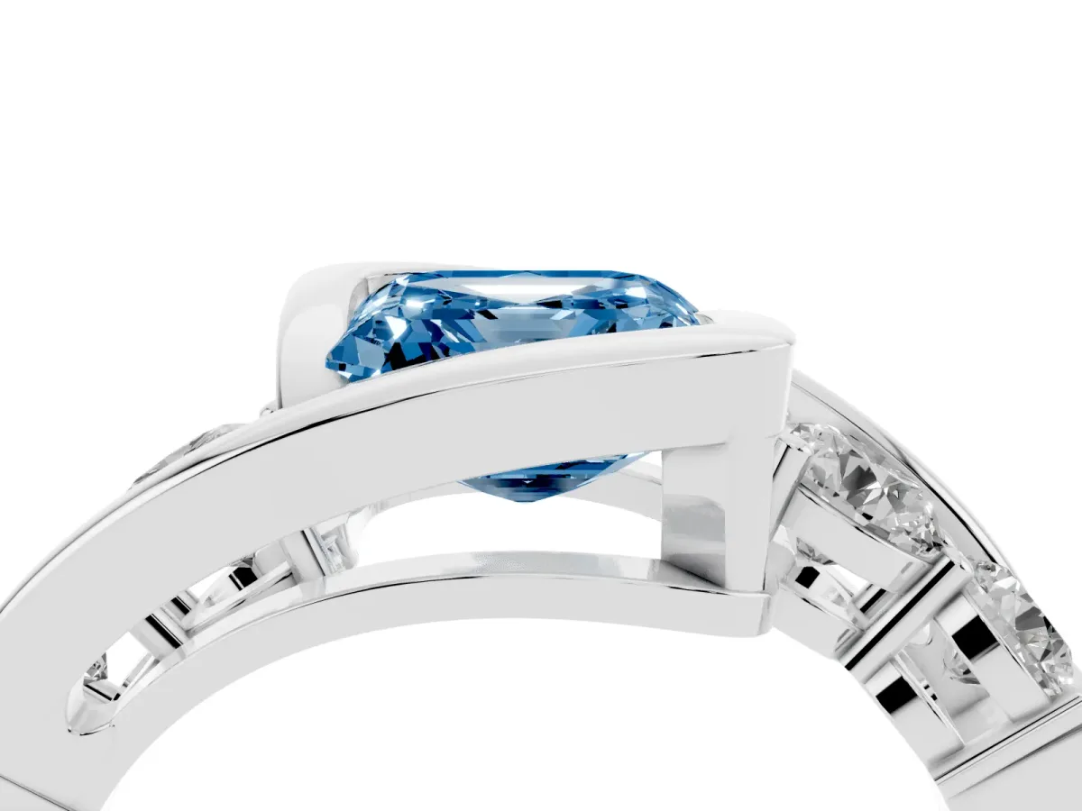 Fancy Blue Bezel Set Asscher Cut Diamond Bypass Ring with Round Accents Platinum