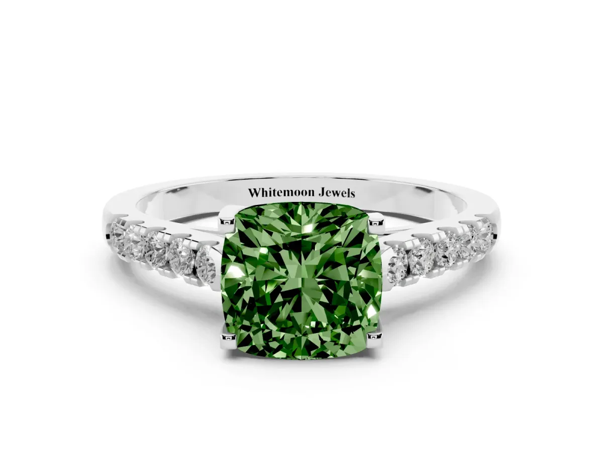 Fancy Green Cushion Cut Diamond Pavé Band Solitaire Ring with Prong Setting Silver