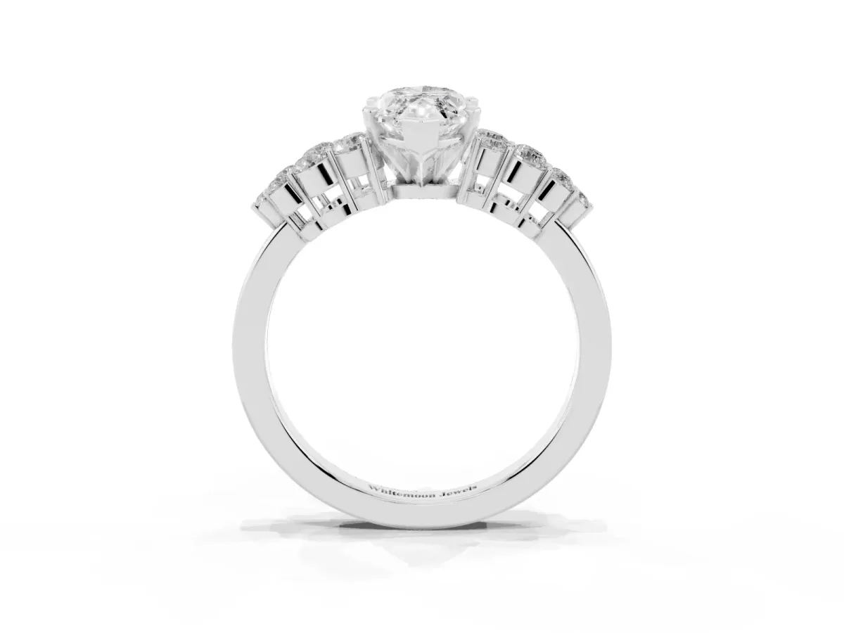 Marquise Cut Cluster Diamond Engagement Ring with Pavé Band and Four-Prong Setting Silver