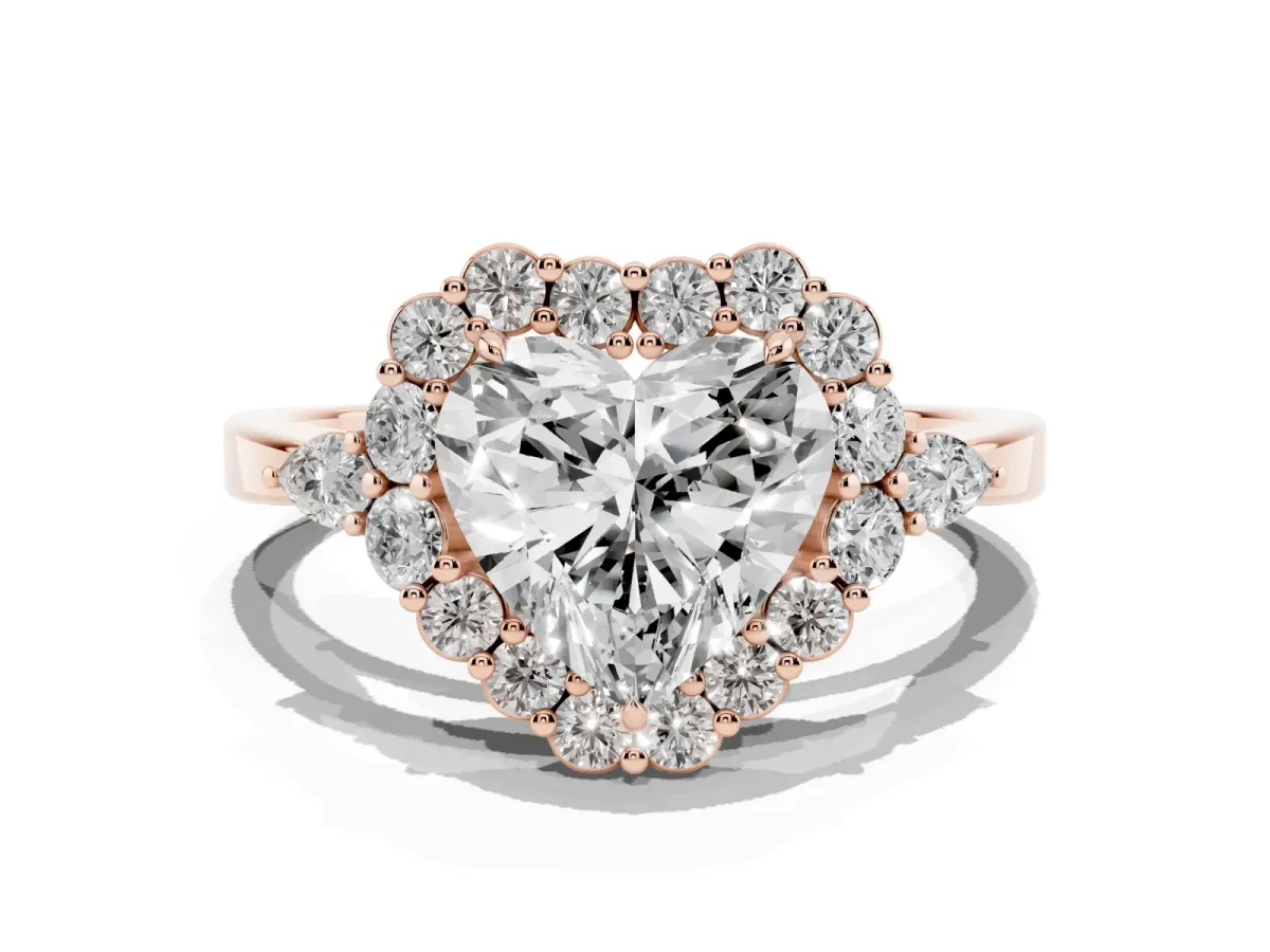 Heart Cut Diamond Halo Ring with Pear Side Stones and Prong Setting Rose gold