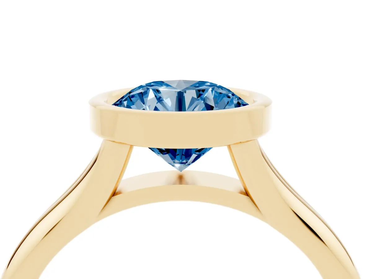 Fancy Blue Bezel Set Round Cut Solitaire Diamond Ring with Smooth Band Yellow gold