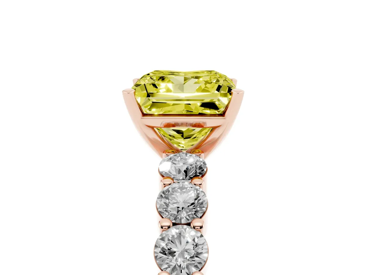 Fancy Yellow Princess Cut Diamond Solitaire Ring with Shared Prong Round Side Stones Rose gold