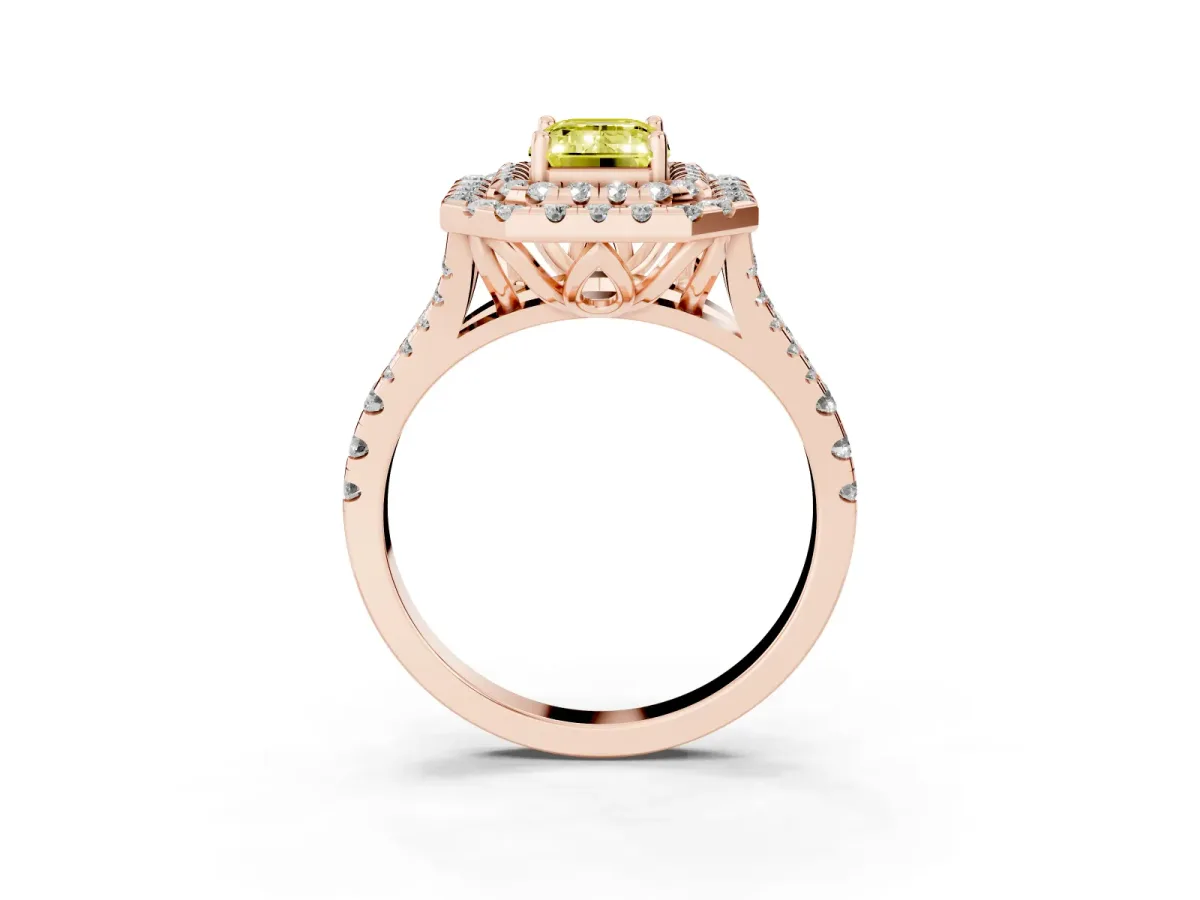 Fancy Yellow Double Halo Emerald Cut Diamond Pavé Split Shank Ring with Prong Setting Rose gold
