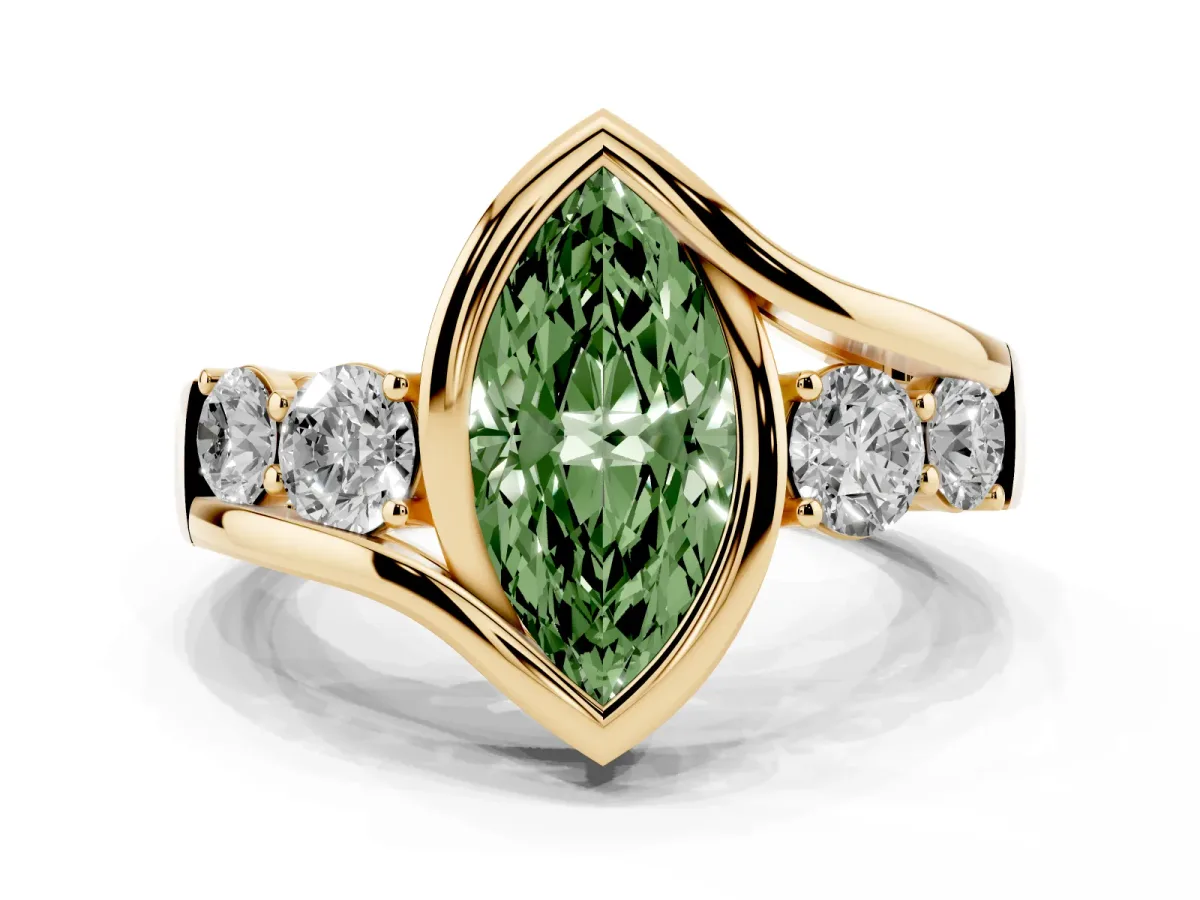 Fancy Green Bezel Set Marquise Cut Diamond Bypass Ring with Round Accents Yellow gold