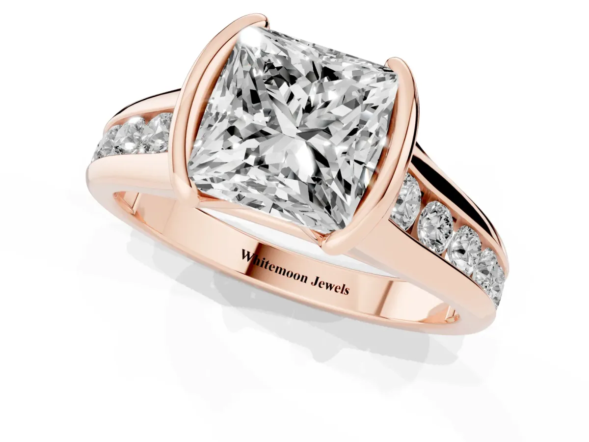Princess Cut Solitaire Bezel-Set Diamond Ring with Channel-Set Band Rose gold