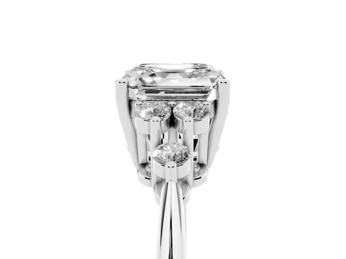 Asscher Cut Cut Diamond Cluster Ring with Solitaire Band and Four-Prong Setting Platinum
