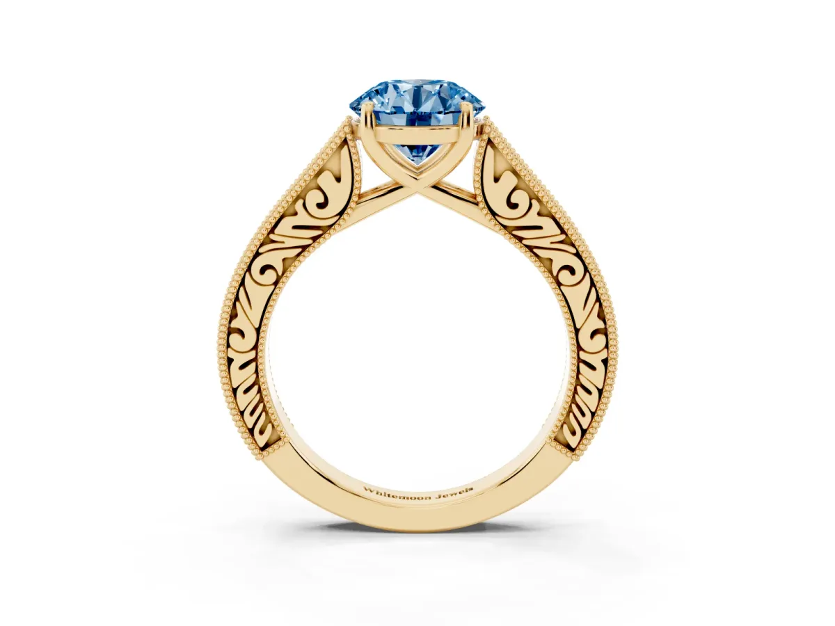 Fancy Blue Round Cut Cut Pave Band Milgrain Solitaire Ring Yellow gold