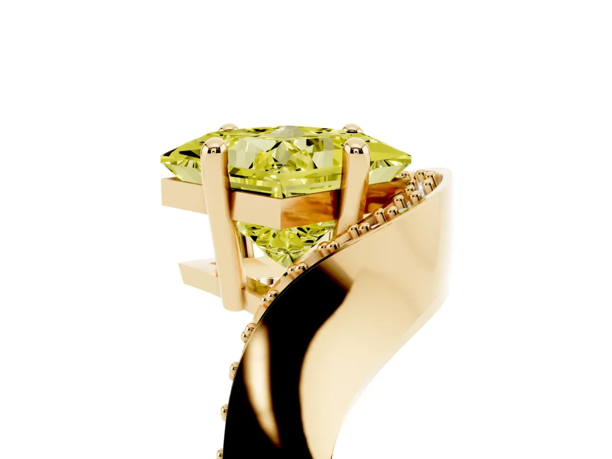 Fancy Yellow Princess Cut Solitaire Diamond Engagement Ring with Pave Band and Four-Prong Setting Yellow gold