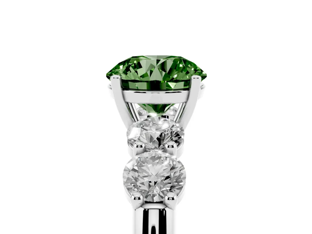 Fancy Green Round Cut Cut Five-Stone Prong Set Diamond Ring with Classic Band Platinum