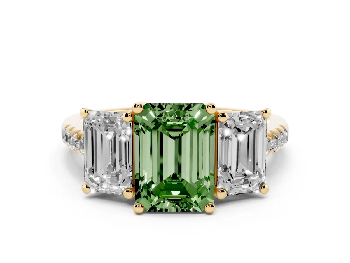 Fancy Green Three-Stone Emerald Cut Diamond Ring with Round Pavé Band and Prong Setting Yellow gold