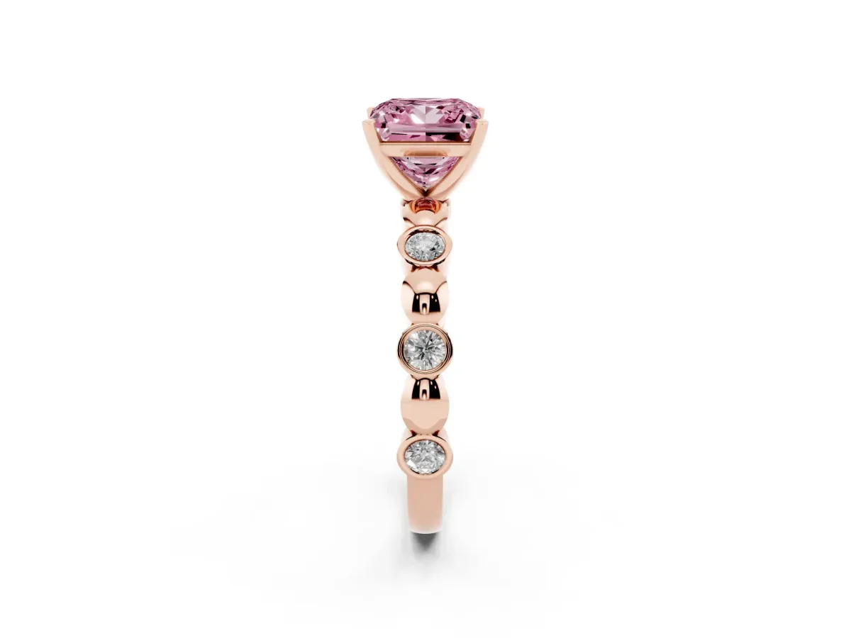 Fancy Pink Princess Cut Solitaire Bezel-Set Diamond Ring with Beaded Band and Four-Prong Setting Rose gold