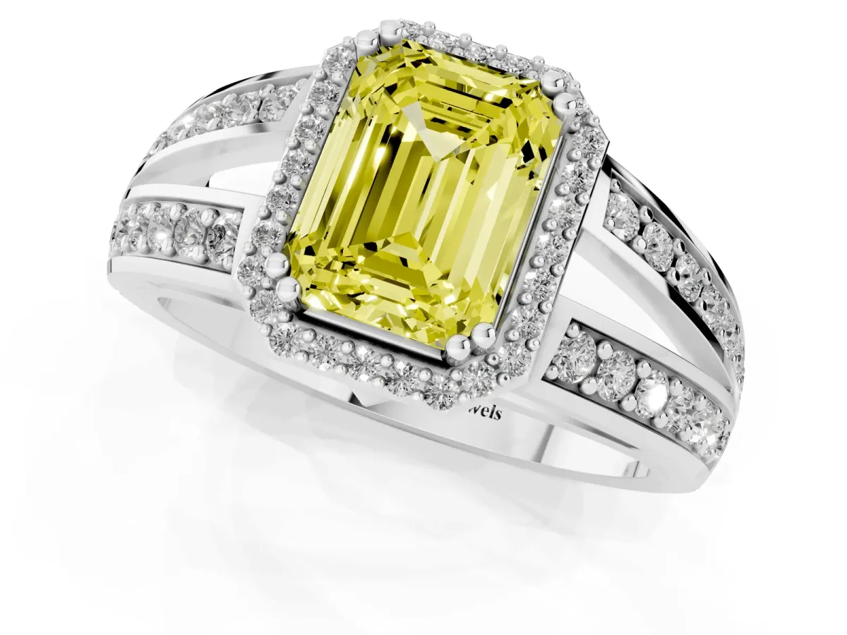 Fancy Yellow Emerald Cut Diamond Halo Ring with Split Shank Pavé Band and Four-Prong Setting White gold