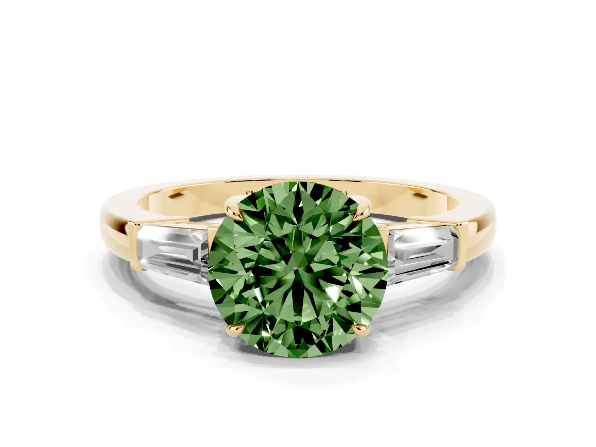 Fancy Green Round Cut Diamond Three-Stone Ring with Tapered Baguette Side Stones and Prong Setting Yellow gold