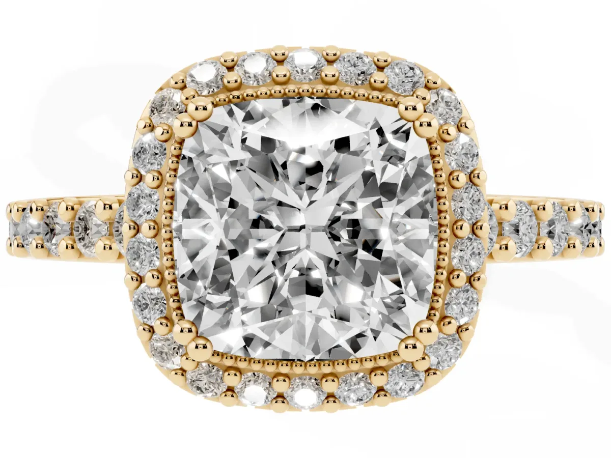 Cushion Cut Cut Diamond Halo Engagement Ring with Milgrain Detail and Pavé Band Yellow gold