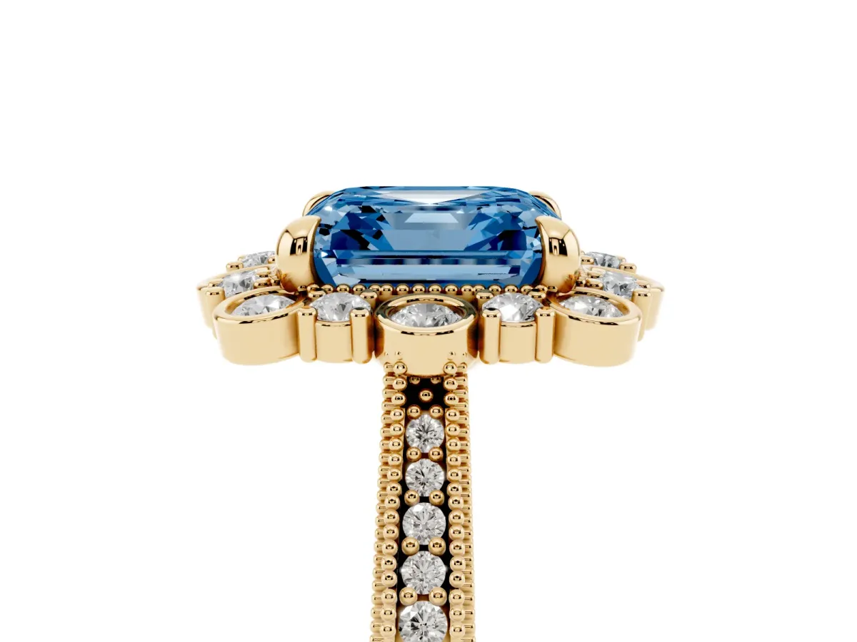 Fancy Blue Asscher Cut Halo Milgrain Pave Diamond Ring with Four-Prong Setting Yellow gold