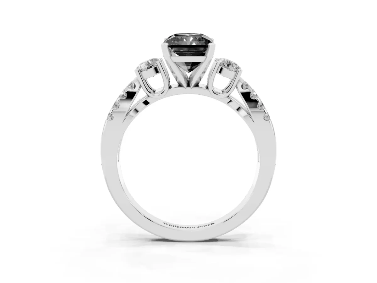 Fancy Black Radiant Cut Diamond Three-Stone Ring with Pavé Split Shank and Four-Prong Setting Silver