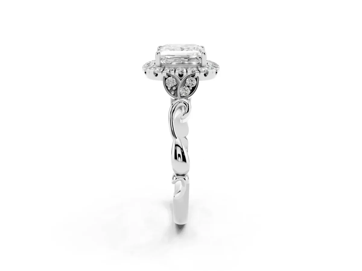 Princess Cut Halo Diamond Engagement Ring with Vintage-Inspired Band and Four-Prong Setting Silver