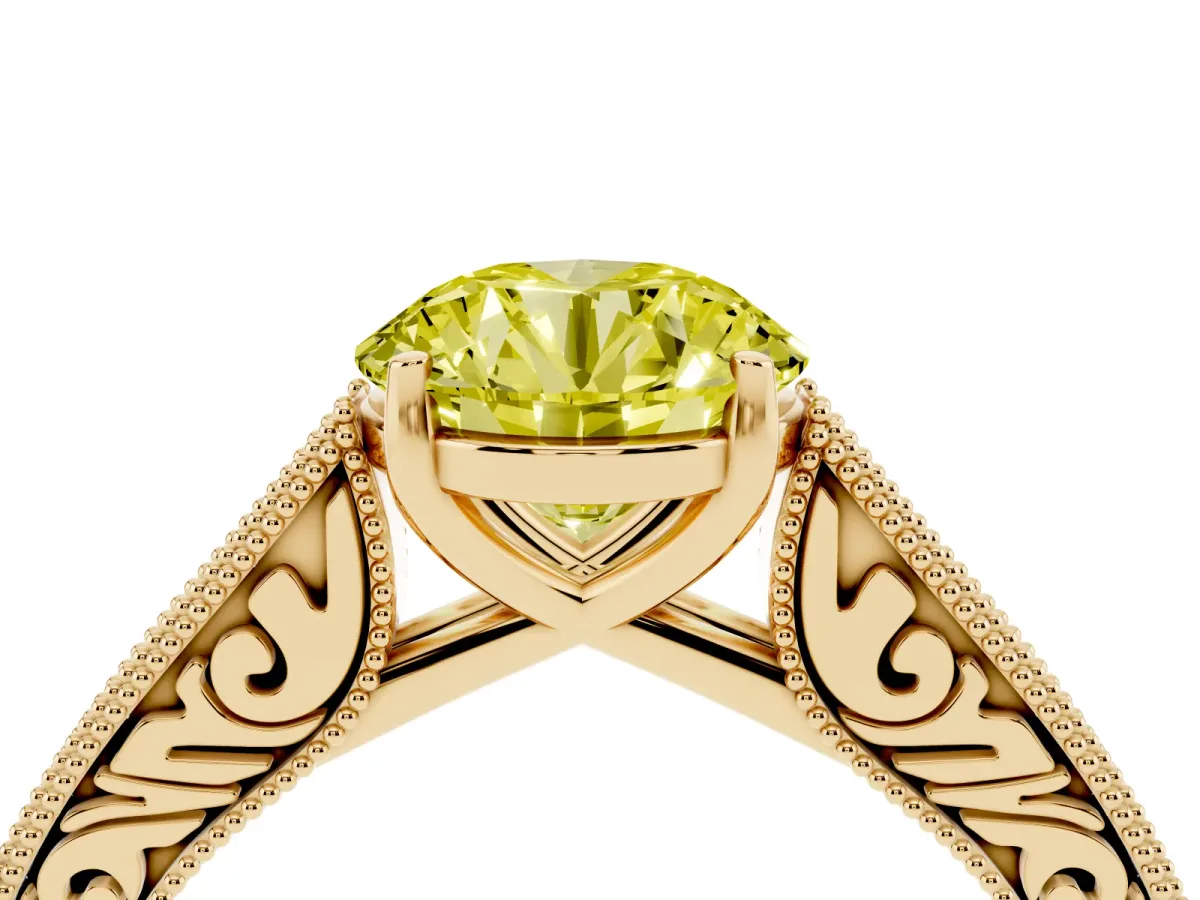 Fancy Yellow Round Cut Cut Pave Band Milgrain Solitaire Ring Yellow gold
