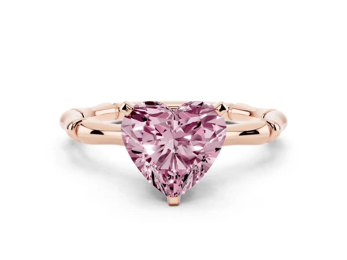 Fancy Pink Heart Cut Solitaire Diamond Ring with Bamboo Band and Four-Prong Setting Rose gold