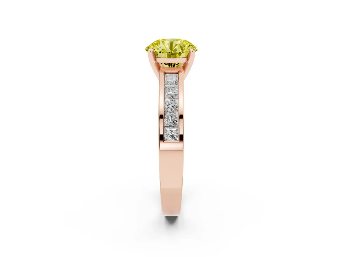 Fancy Yellow Round Cut Solitaire Diamond Ring with Channel-Set Band and Four-Prong Setting Rose gold