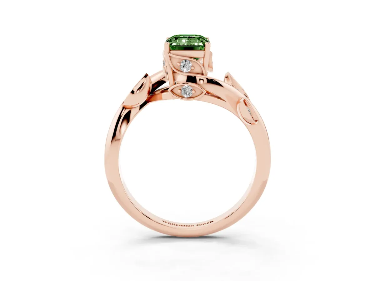 Fancy Green Emerald Cut Solitaire Twist Engagement Ring with Leaf Accents and Prong Setting Rose gold