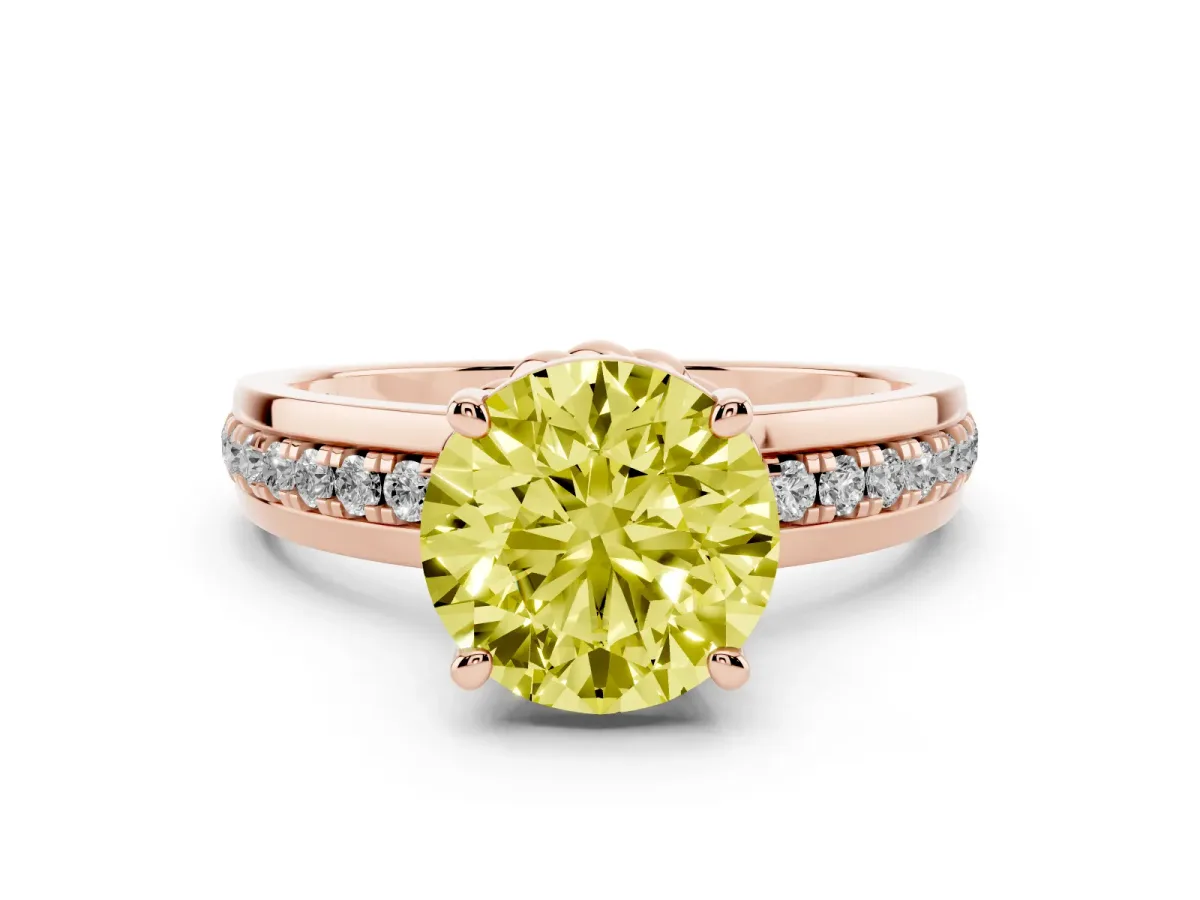 Fancy Yellow Round Cut Solitaire Diamond Ring with Channel Set Band and Six-Prong Setting Rose gold