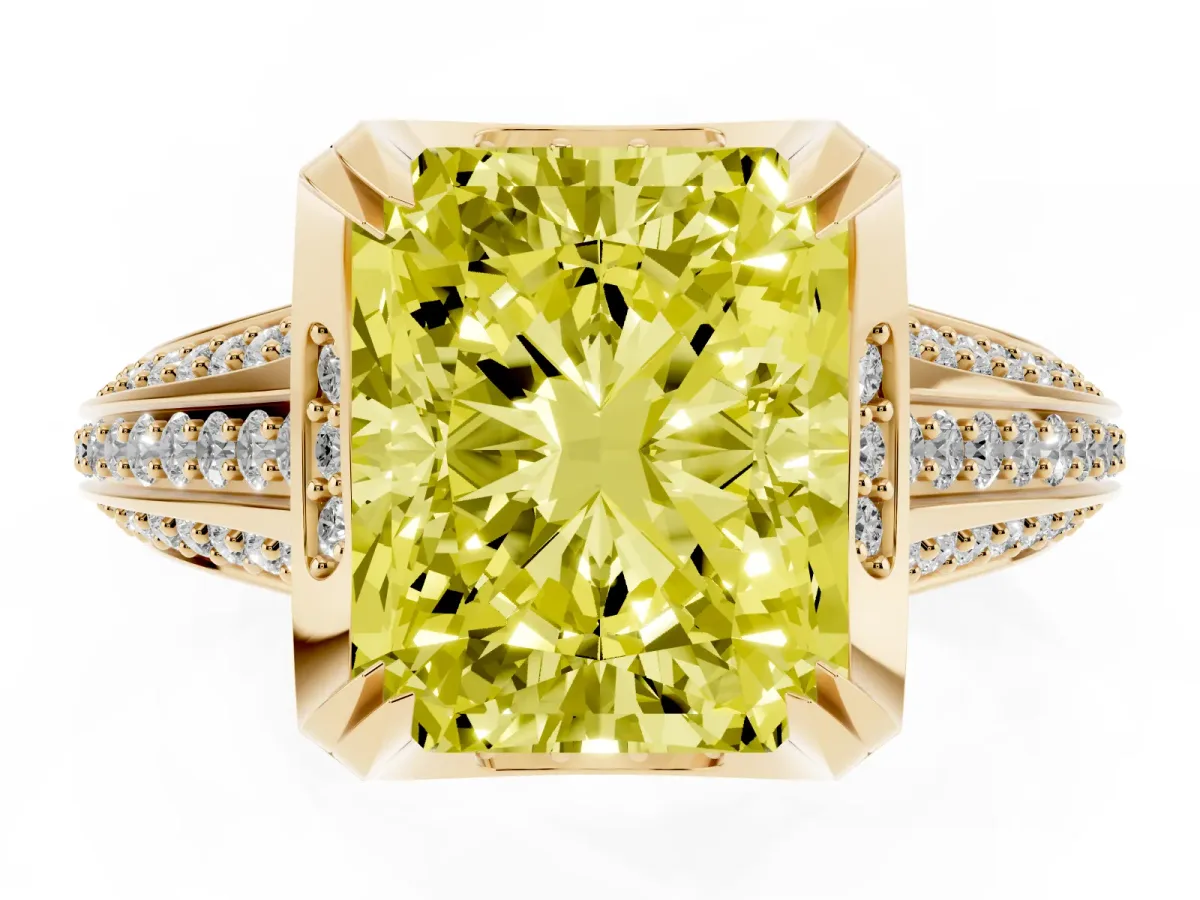 Fancy Yellow Radiant Cut Solitaire Pave Split Shank Ring with Four-Prong Setting Yellow gold