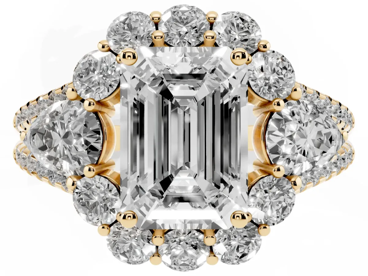 Emerald Cut Halo Split Shank Diamond Engagement Ring with Prong Setting Yellow gold