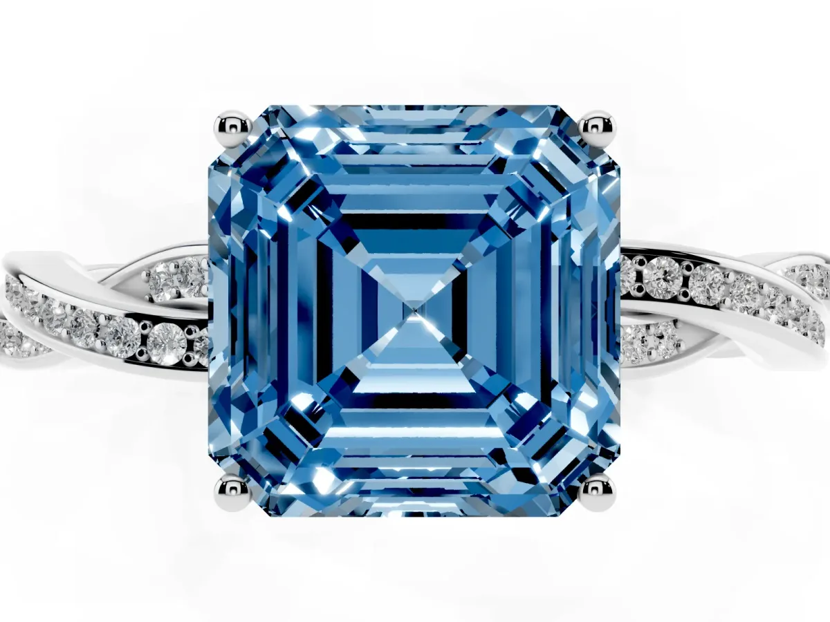 Fancy Blue Asscher Cut Solitaire Twisted Pave Diamond Ring with Four-Prong Setting Silver