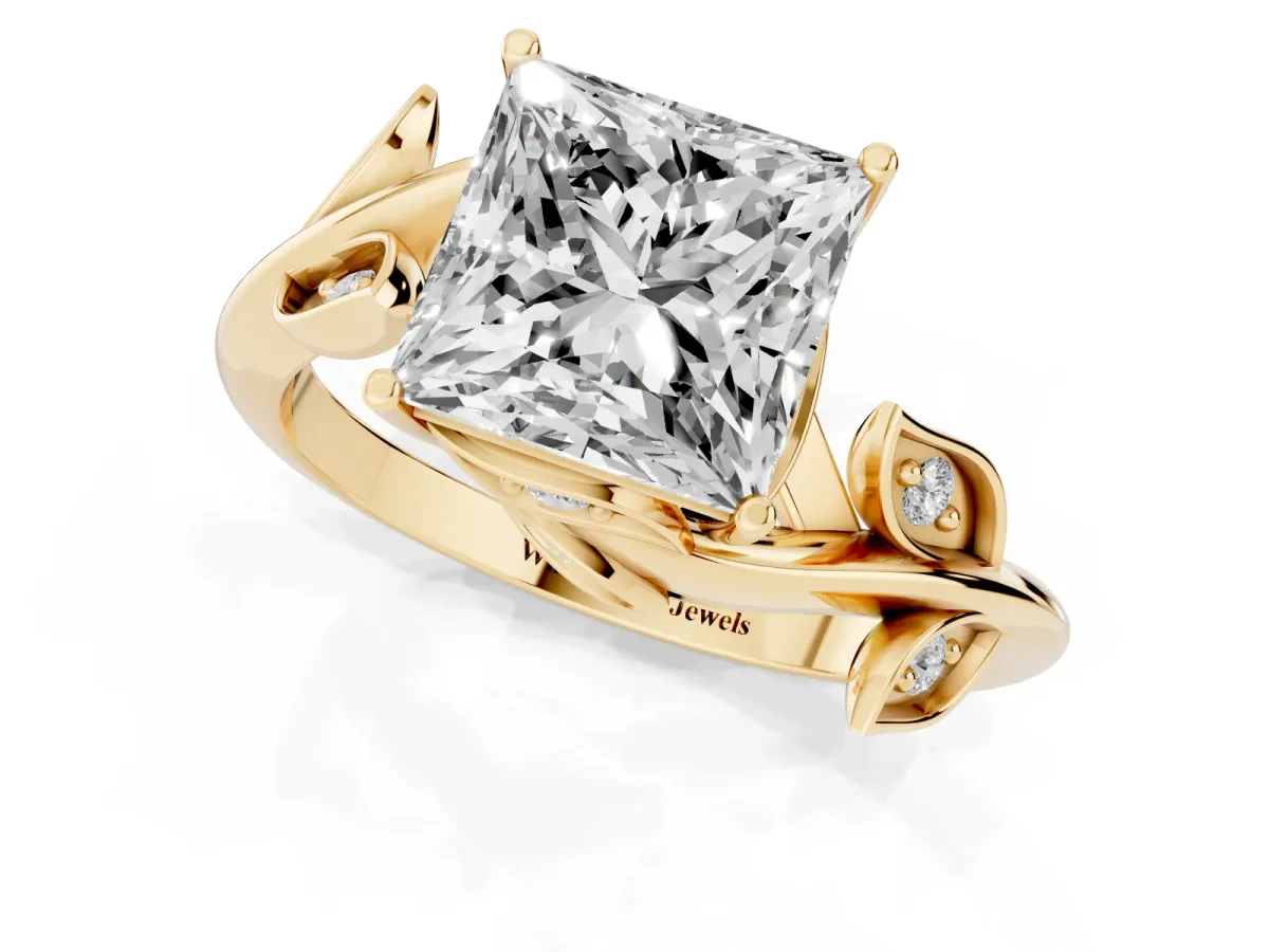 Princess Cut Solitaire Twist Engagement Ring with Leaf Accents and Prong Setting Yellow gold