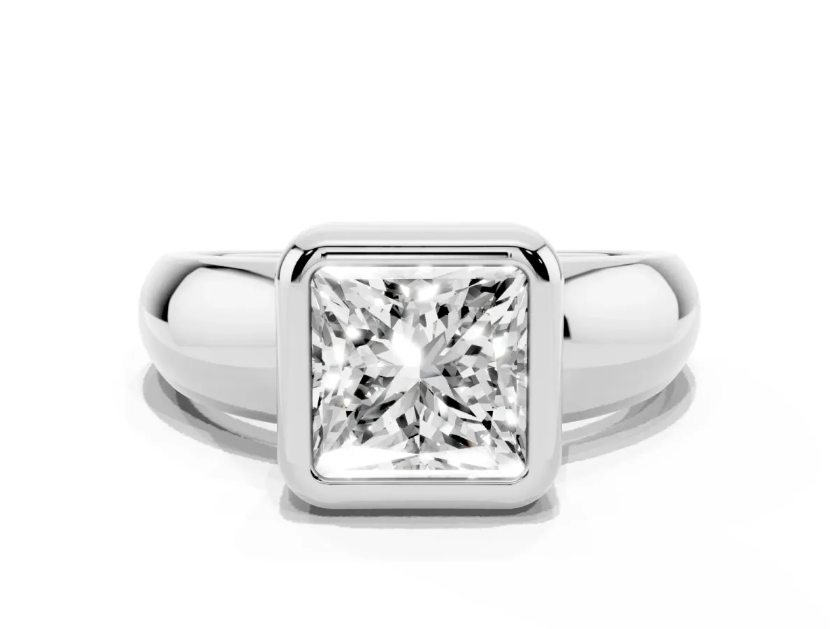Bezel Set Princess Cut Solitaire Ring with Wide Band Silver