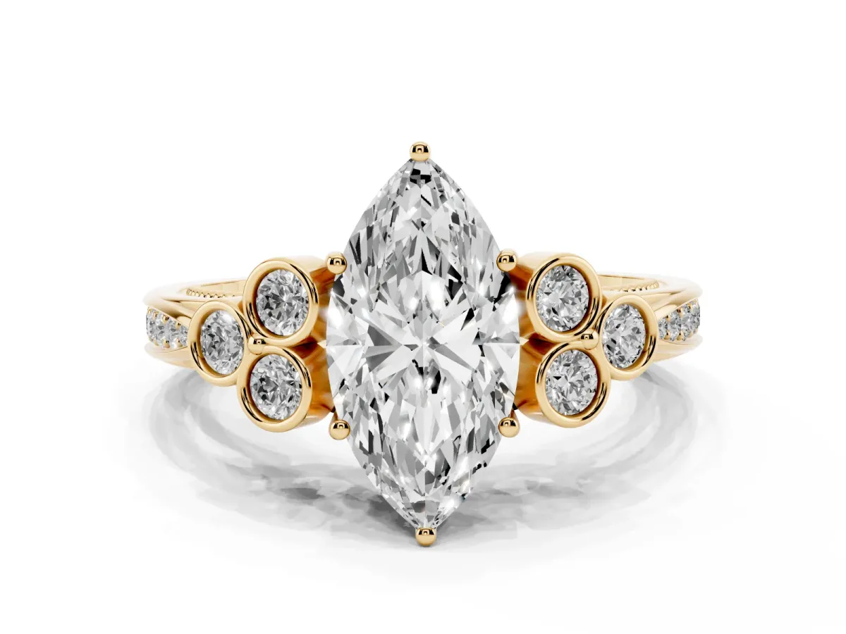Marquise Cut Cut Diamond Engagement Ring with Bezel Set Round Side Stones and Prong Setting Yellow gold