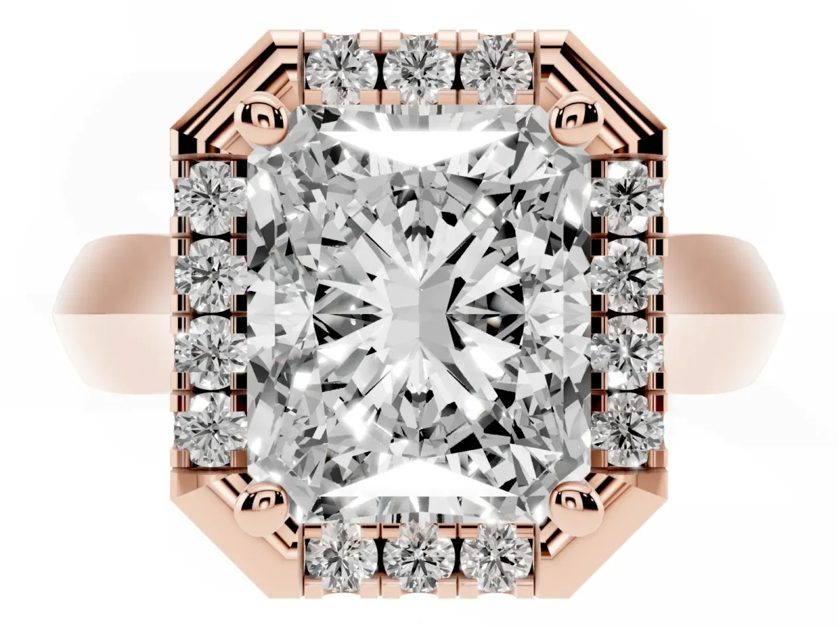 Radiant Cut Cut Halo Solitaire Engagement Ring with Square Band and Four-Prong Setting Rose gold