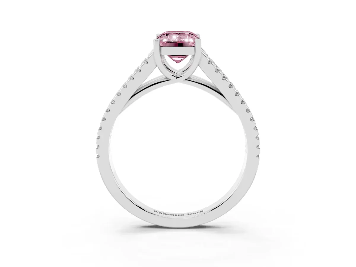 Fancy Pink Emerald Cut Diamond Solitaire Engagement Ring with Split Shank Pavé Band Silver