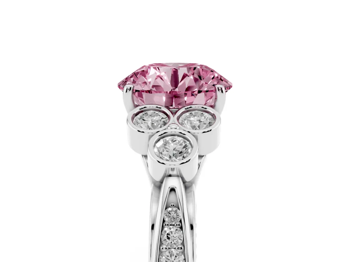 Fancy Pink Round Cut Cut Diamond Engagement Ring with Bezel Set Round Side Stones and Prong Setting Silver